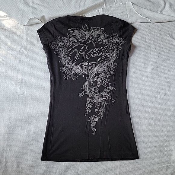 Roxy Black Gray Cap Sleeve Skinny Tee Small EUC - Picture 6 of 8